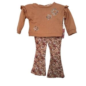 Btween Camel Brown Floral Set 3PC Long Sleeve Top Flare Pants Baby Girl 12- 24M